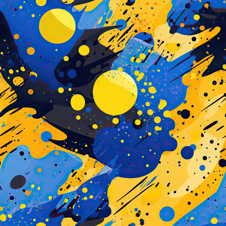 Abstract blue and yellow background with circles and paint drops (tiled)の素材