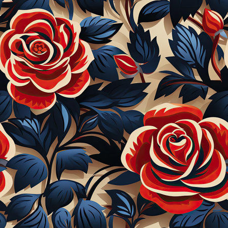Richly detailed red and blue roses with dark purple leaves (tiled)の素材