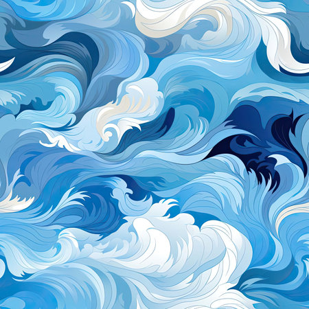 Abstract blue and white waves pattern with bold brushwork and atmospheric clouds (tiled)の素材