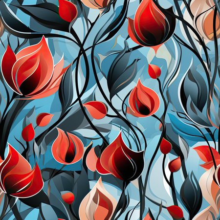 Abstract pattern of red flowers on blue background with flowing silhouettes (tiled)の素材
