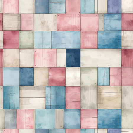 Abstract wallpaper with pink, blue, and white squares (tiled)の素材