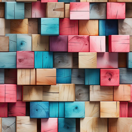 Abstract composition of colorful wooden blocks in different shapes (tiled)の素材