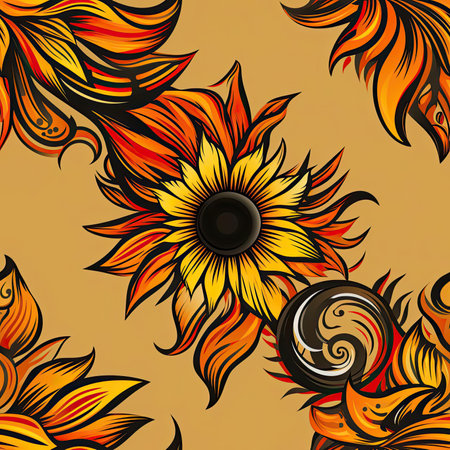 Vibrant sunflower pattern on a tan background with flowing forms (tiled)の素材