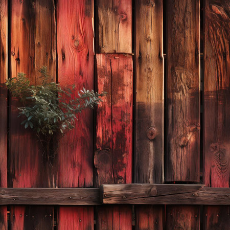 Plant against a red wall in wooden planter (tiled)の素材