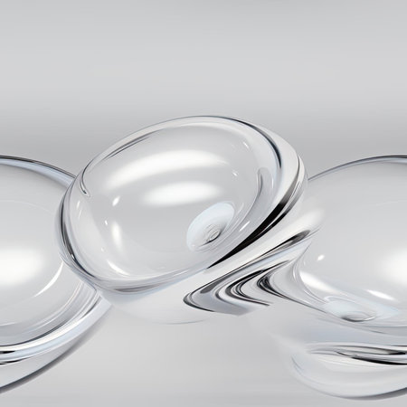 Three clear glass balls on a gray background with polished surfaces (tiled)の素材