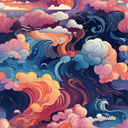 Colorful clouds and mountains in intricate illustrations with whimsical character design (tiled)の素材