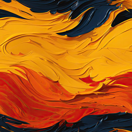 Yellow and orange paint flowing on a black background (tiled)の素材
