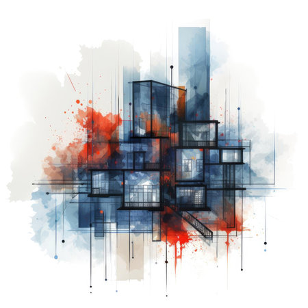 Buildings with red and blue paint splashes in high-definitionの素材