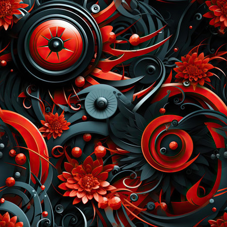 Stylized red and black flower and swirl pattern with mechanical designs (tiled)の素材