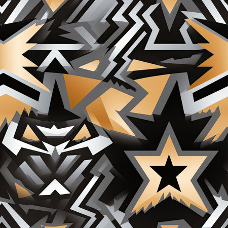 Abstract pattern with golden stars on black background (tiled)の素材