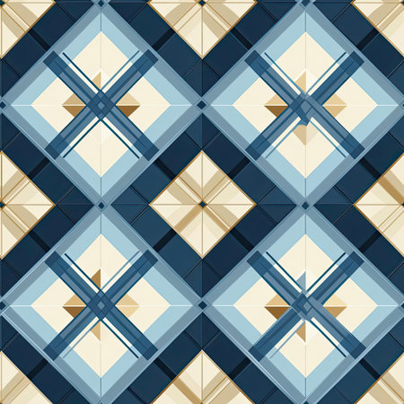 Blue tile patterns with beige and gold squares and dots (tiled)の素材