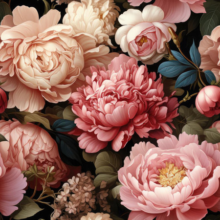 Romanticized pattern of pink and brown flowers on black background (tiled)の素材