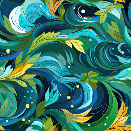 Flowing pattern with waves and leaves in turquoise and yellow (tiled)の素材