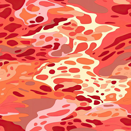 Orange and red abstract pattern with irregular organic forms (tiled)の素材