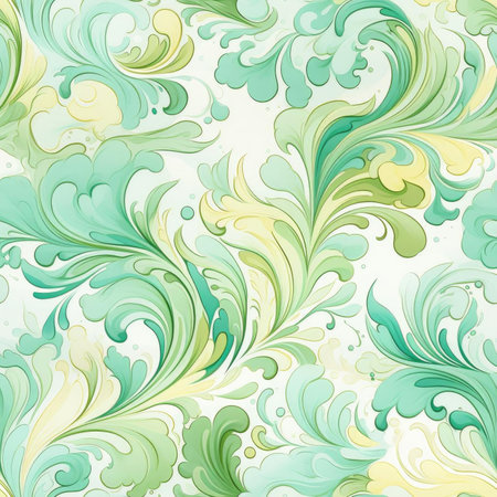 Ornate watercolor wallpaper with swirling green and yellow patterns (tiled)の素材