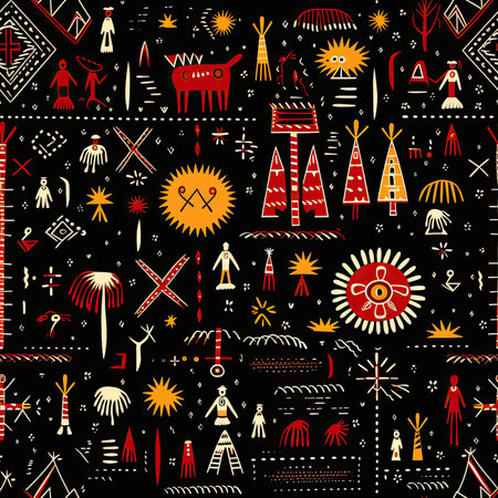 Native American art illustration with symbolic patterns in traditional Mexican style (tiled)の素材