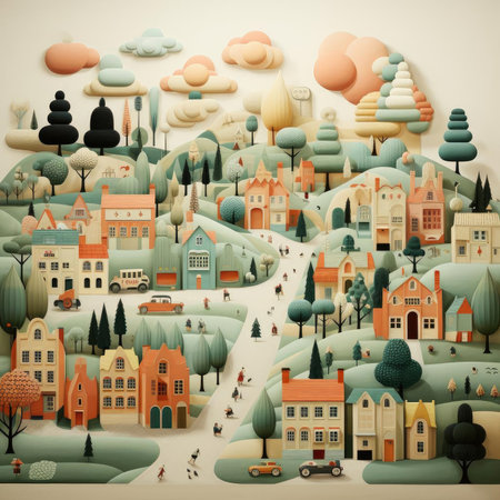 Paper art illustration of a small village with treesの素材