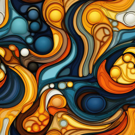 Large abstract artwork with blue and orange organic shapes (tiled)の素材