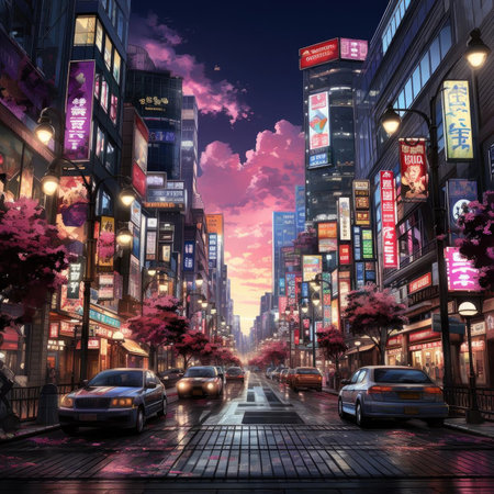 Anime-style night city with vibrant realism and detailed buildingsの素材