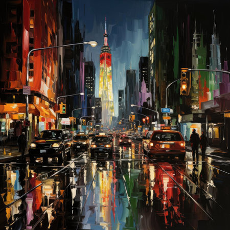 Night time oil painting of the Empire State Building with vibrant colorsの素材