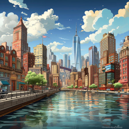 City scene with modern buildings and a river in vivid comic book styleの素材