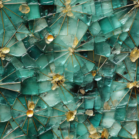 Abstract green glass mosaic wall with gold accents (tiled)の素材