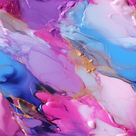 Abstract painting with vibrant pink, blue, and gold liquid paint (tiled)の素材