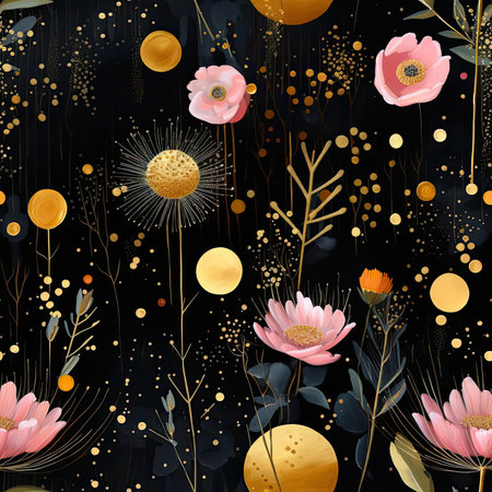 Whimsical floral pattern with gold circles on a black background (tiled)の素材