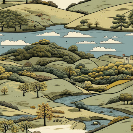 Detailed illustration of a stream and countryside with earthy colors (tiled)の素材