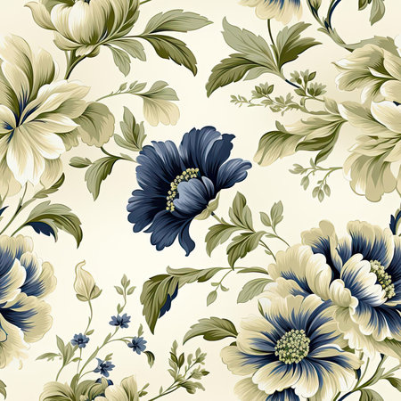 Blue and beige floral pattern with light blue flowers and layered fabrications (tiled)の素材