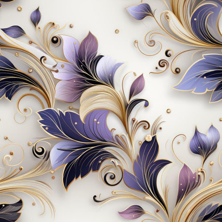 Wallpaper with a gold and purple floral pattern in a baroque style (tiled)の素材