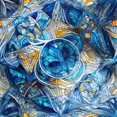 Intricate blue and yellow artwork with geometric designs and stained glass effects (tiled)の素材