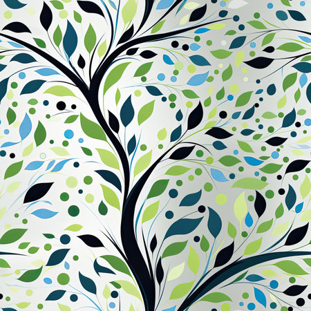 Tree-like pattern with green leaves and blue dots (tiled)の素材