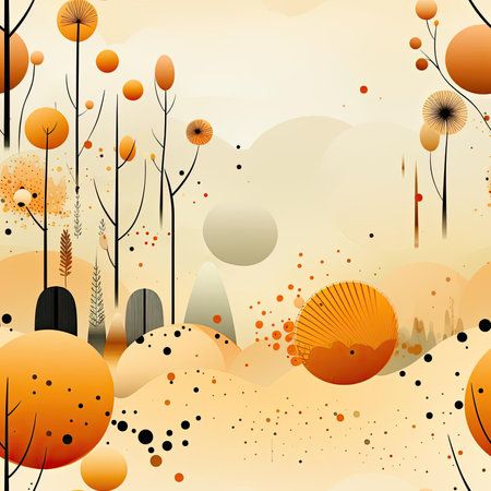 Whimsical orange landscape with trees and playful shapes (tiled)の素材