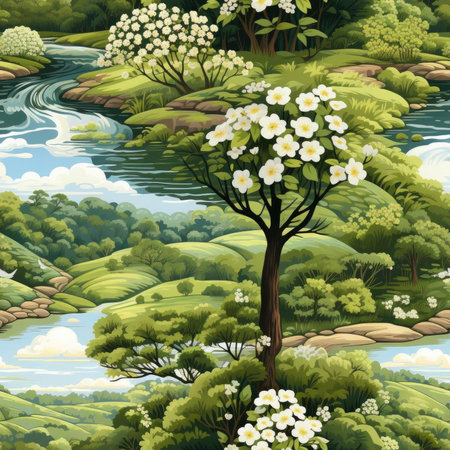 Beautiful scene with white flowers, trees, and a river (tiled)の素材