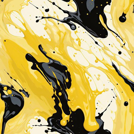Vibrant yellow and black paint splatters with fluid formations and repeating patterns (tiled)の素材