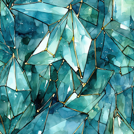 Watercolor artwork with blue and gold crystal patterns (tiled)の素材