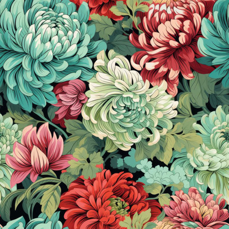 Vintage floral silk pattern with chrysanthemums in realistic color schemes (tiled)の素材