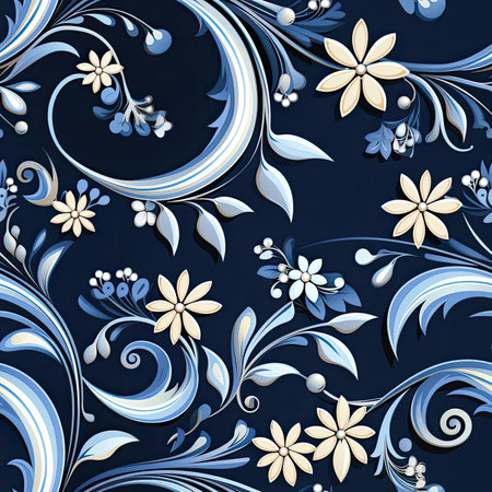 Elegant blue flower pattern with swirling colors and rococo whimsy (tiled)の素材
