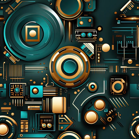 Abstract design of gadgets and electronic circuits in dark gold and aquamarine (tiled)の素材