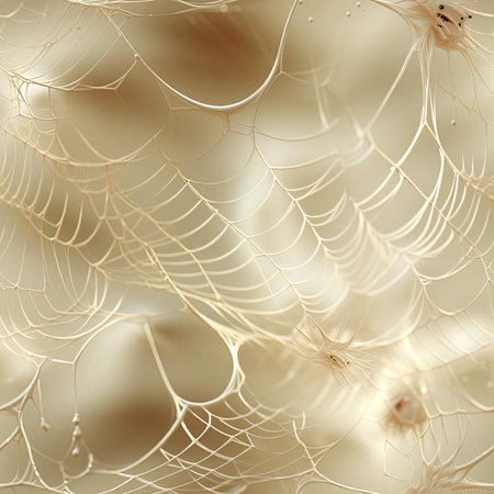 Intricate spider webs on ivory background with golden light (tiled)の素材