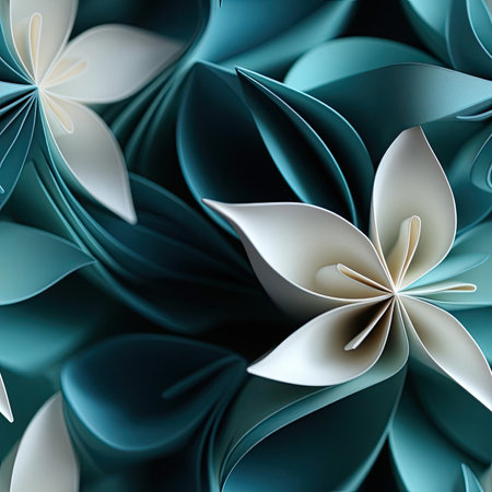 Origami paper flower in white and blue, with layered organic forms (tiled)の素材