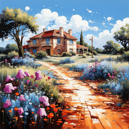 Vivid and colorful floral painting adorns a picturesque house in a romantic rural landscapeの素材