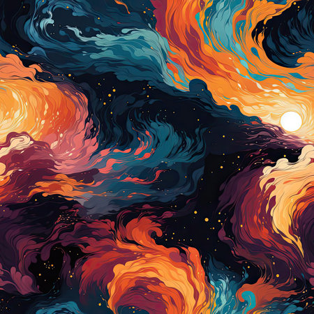 Abstract painting with colorful swirls, clouds, and stars (tiled)の素材