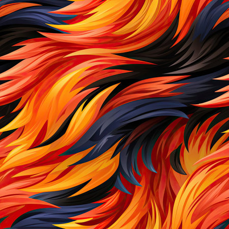 Colorful swirl pattern of feathers on a black and red background (tiled)の素材