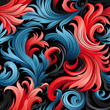 Floral pattern of blue and red swirls on a black background with highly detailed illustrationsの素材