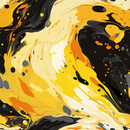Colorful abstract painting with yellow and black swirls and graphic illustrations (tiled)の素材