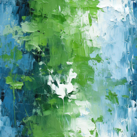 Abstract painting of green and blue leaves in artistic style (tiled)の素材