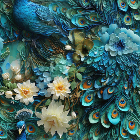 Abstract artwork of peacocks and flowers inspired by paper butterflies (tiled)の素材