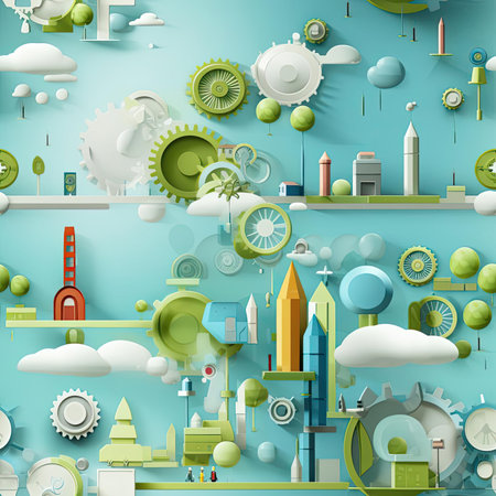 Urban cityscape with gears and machines in green and blue hues (tiled)の素材